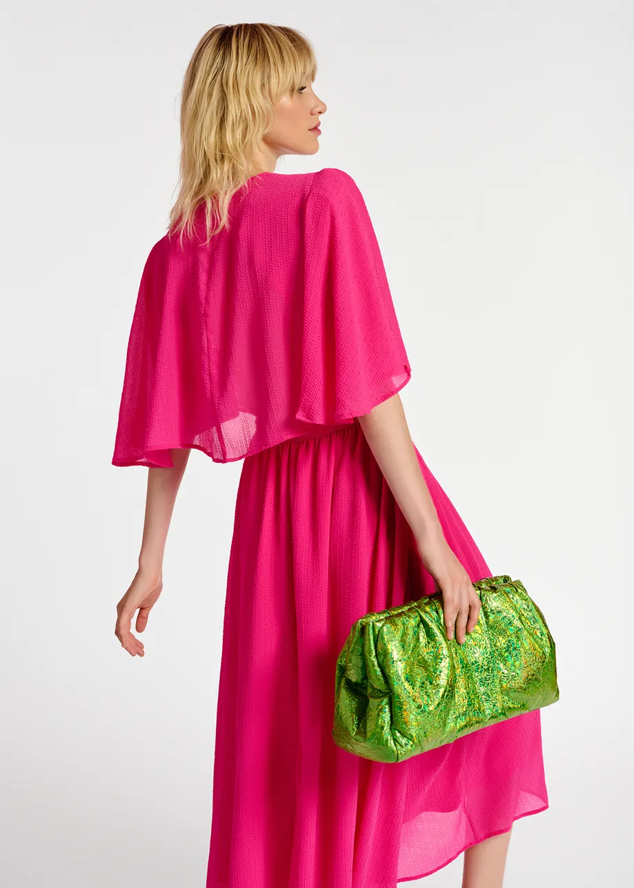 Fuchsia midi-length dress with cape-effect sleeves