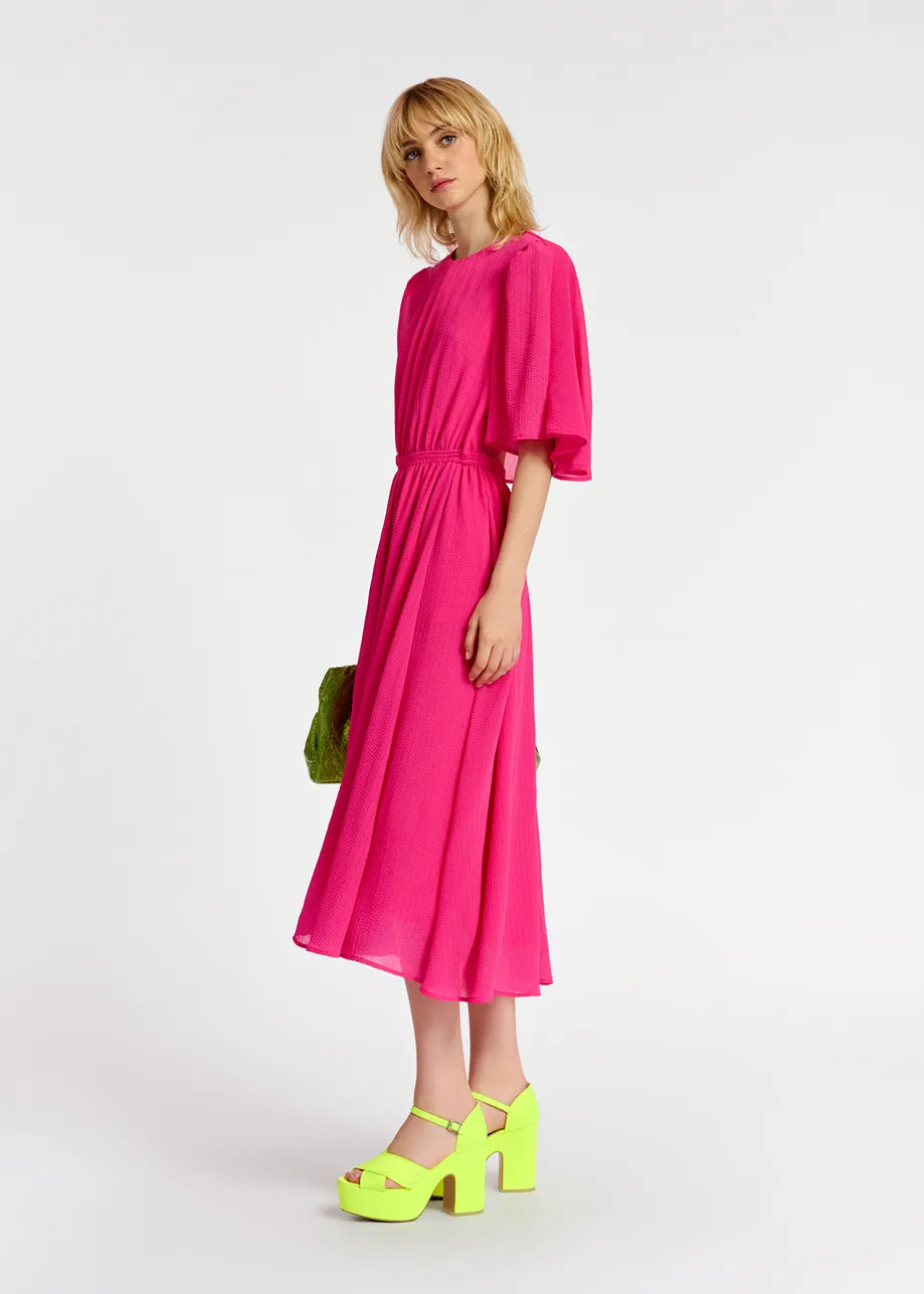 Fuchsia midi-length dress with cape-effect sleeves