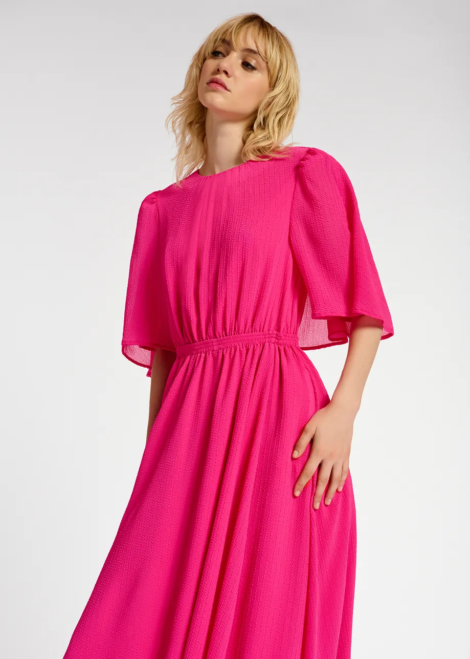 Fuchsia midi-length dress with cape-effect sleeves