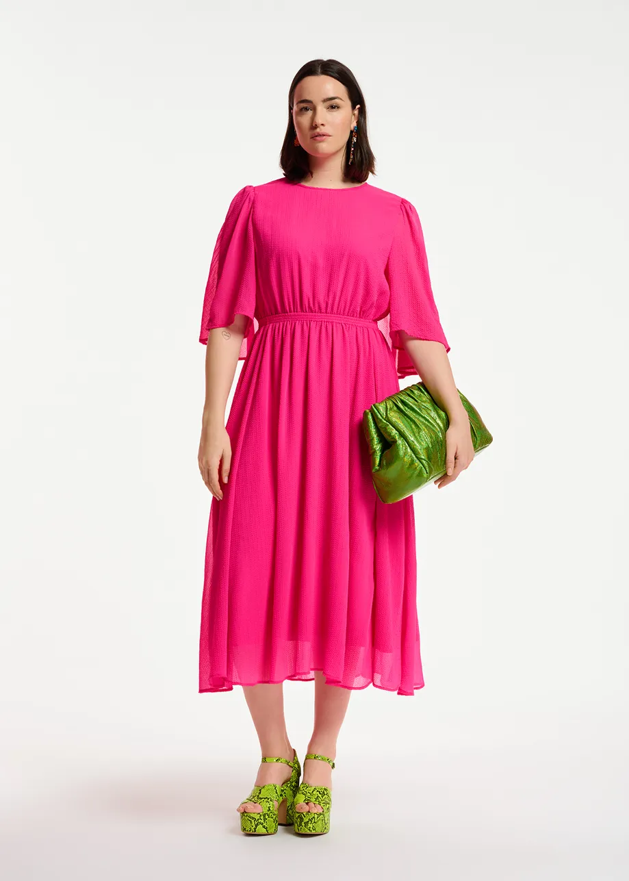 Fuchsia midi-length dress with cape-effect sleeves