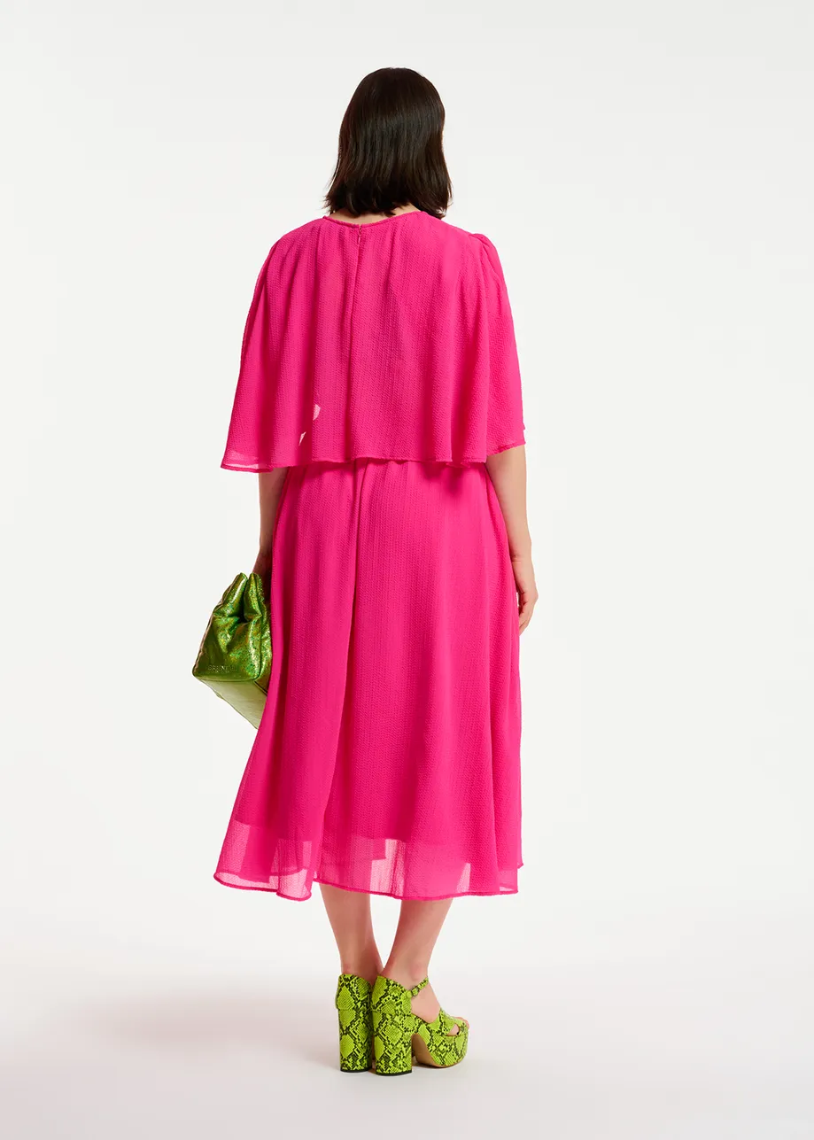 Fuchsia midi-length dress with cape-effect sleeves
