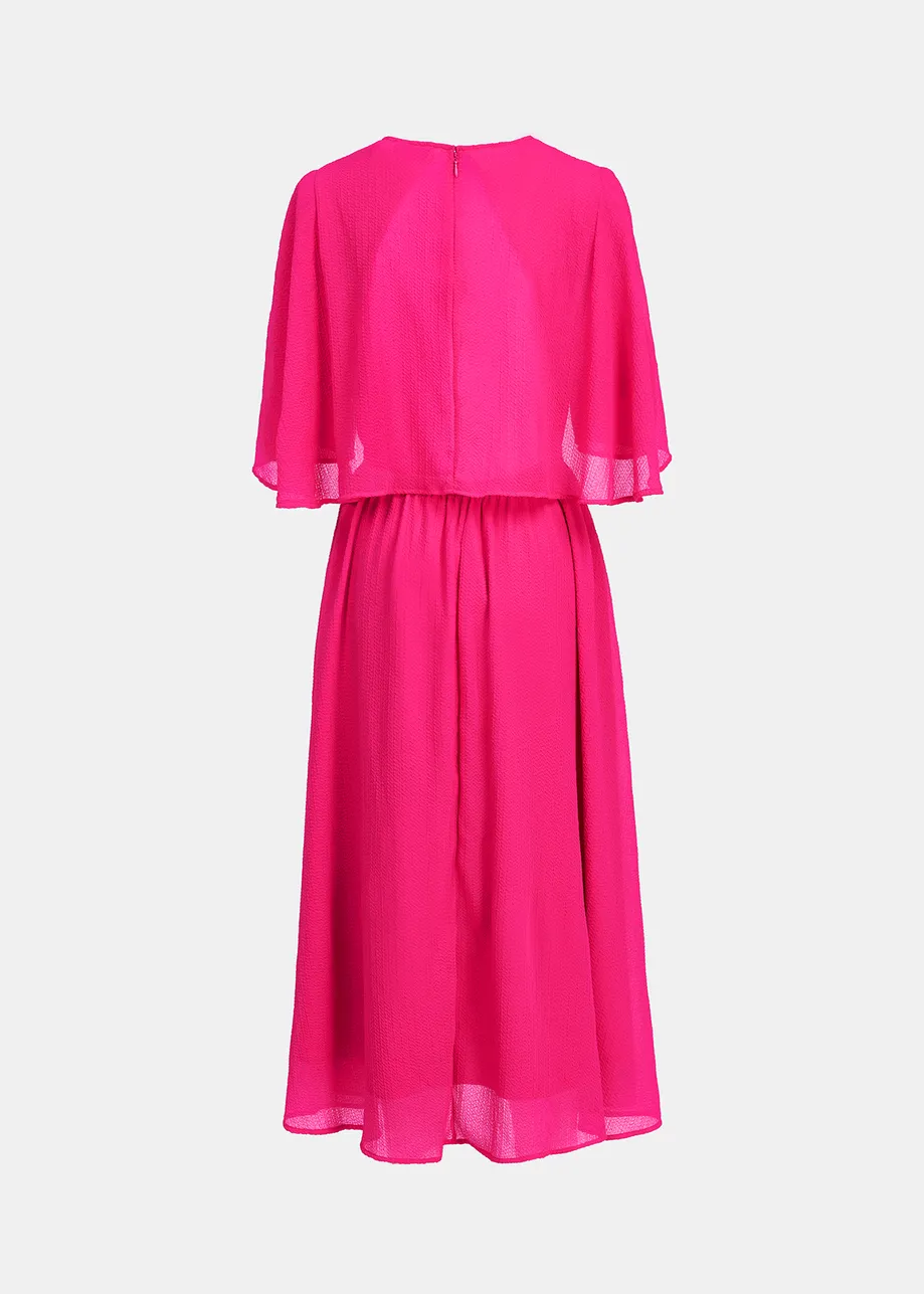 Fuchsia midi-length dress with cape-effect sleeves