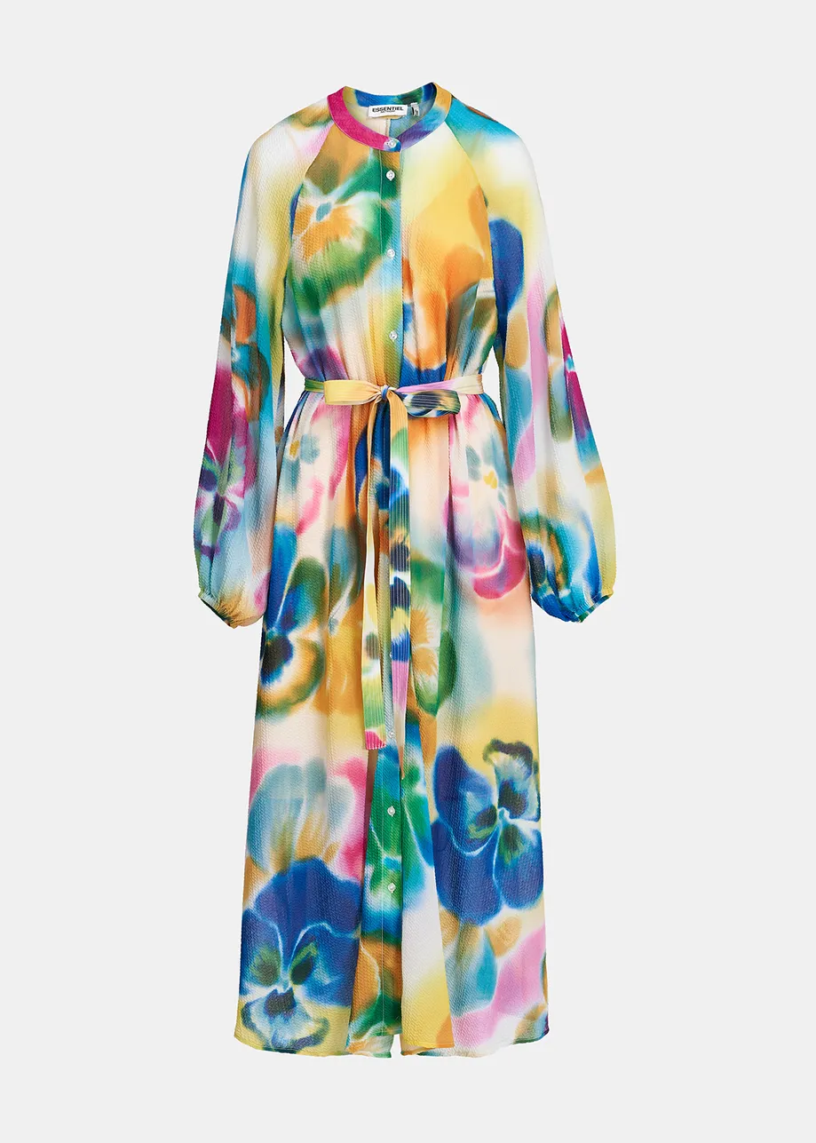 Multicolor floral print midi-length shirt dress