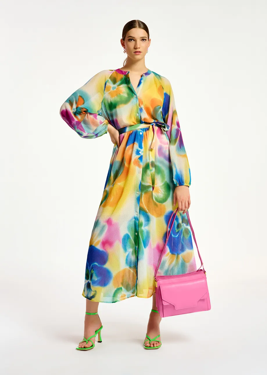 Multicolor floral print midi-length shirt dress