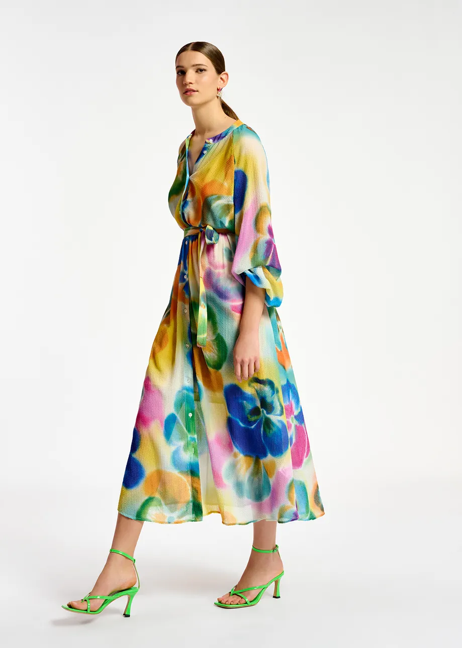 Multicolor floral print midi-length shirt dress