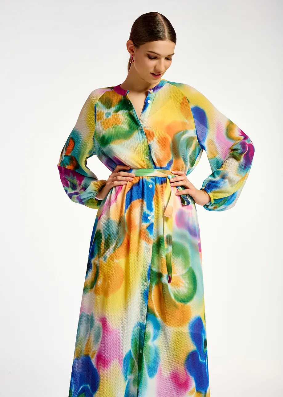 Multicolor floral print midi-length shirt dress