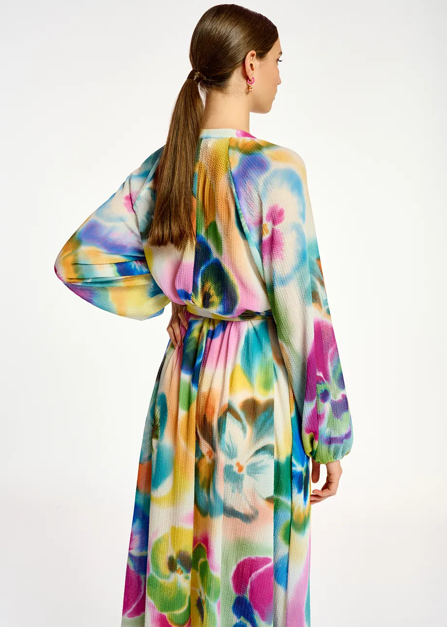 Multicolor floral print midi-length shirt dress