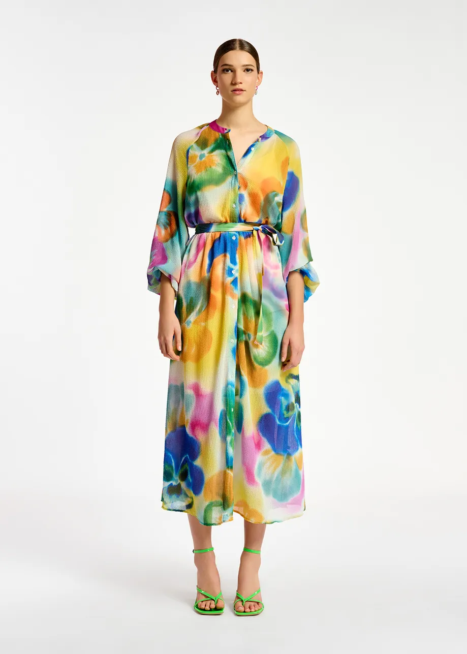 Multicolor floral print midi-length shirt dress