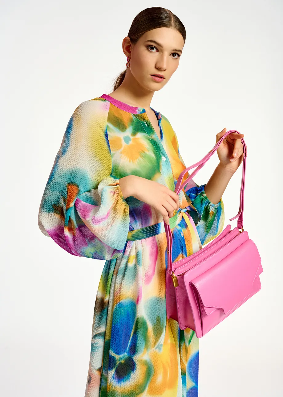 Multicolor floral print midi-length shirt dress
