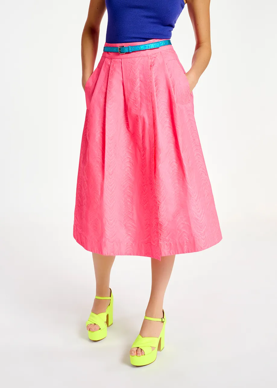 Neon pink jacquard midi-length wrap skirt