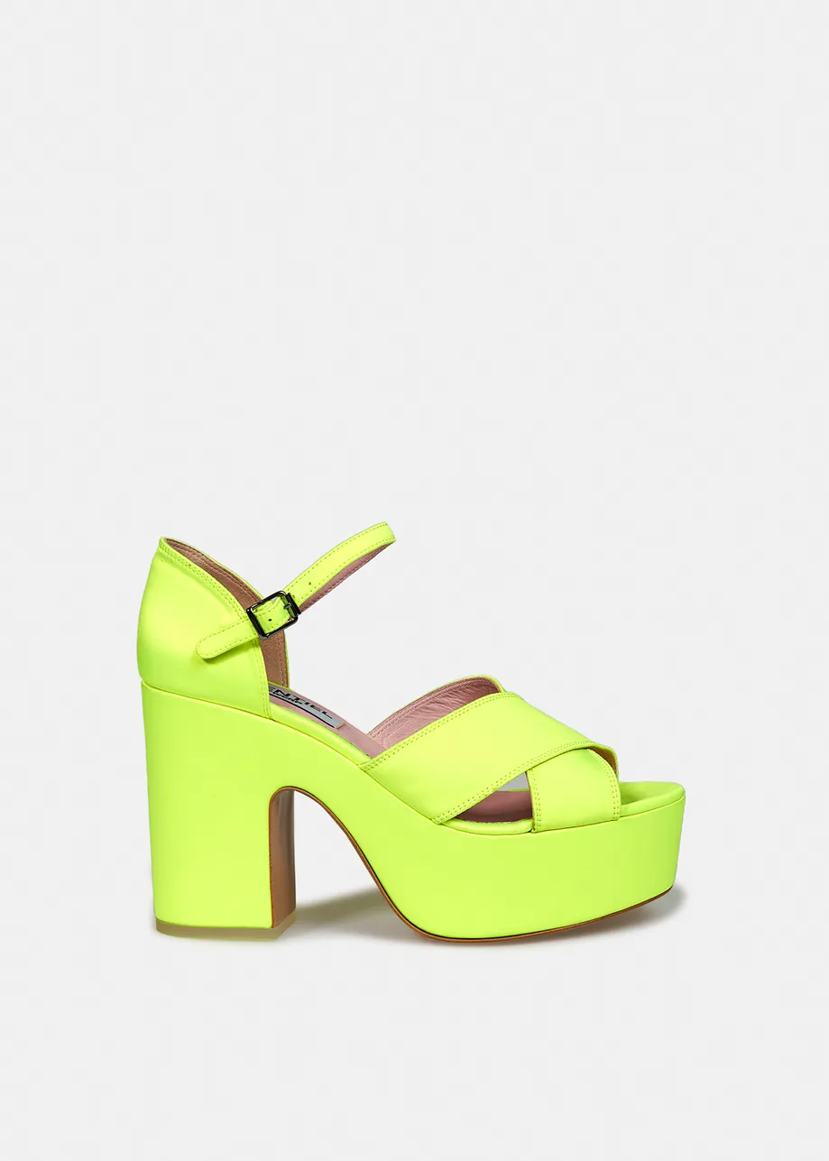 Neon yellow satin platform sandals