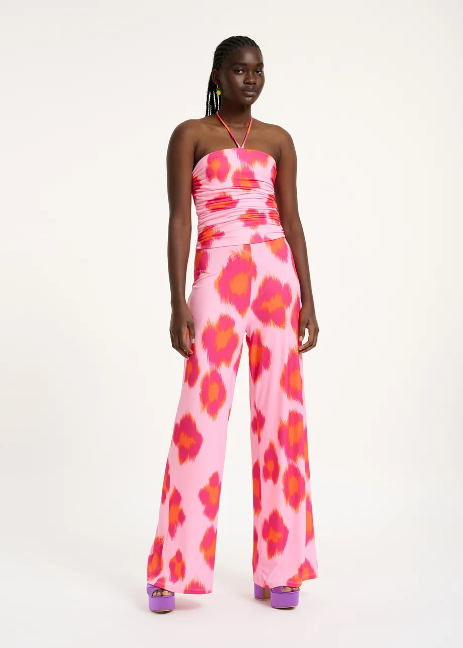 Lichtroze jersey jumpsuit met luipaardprint