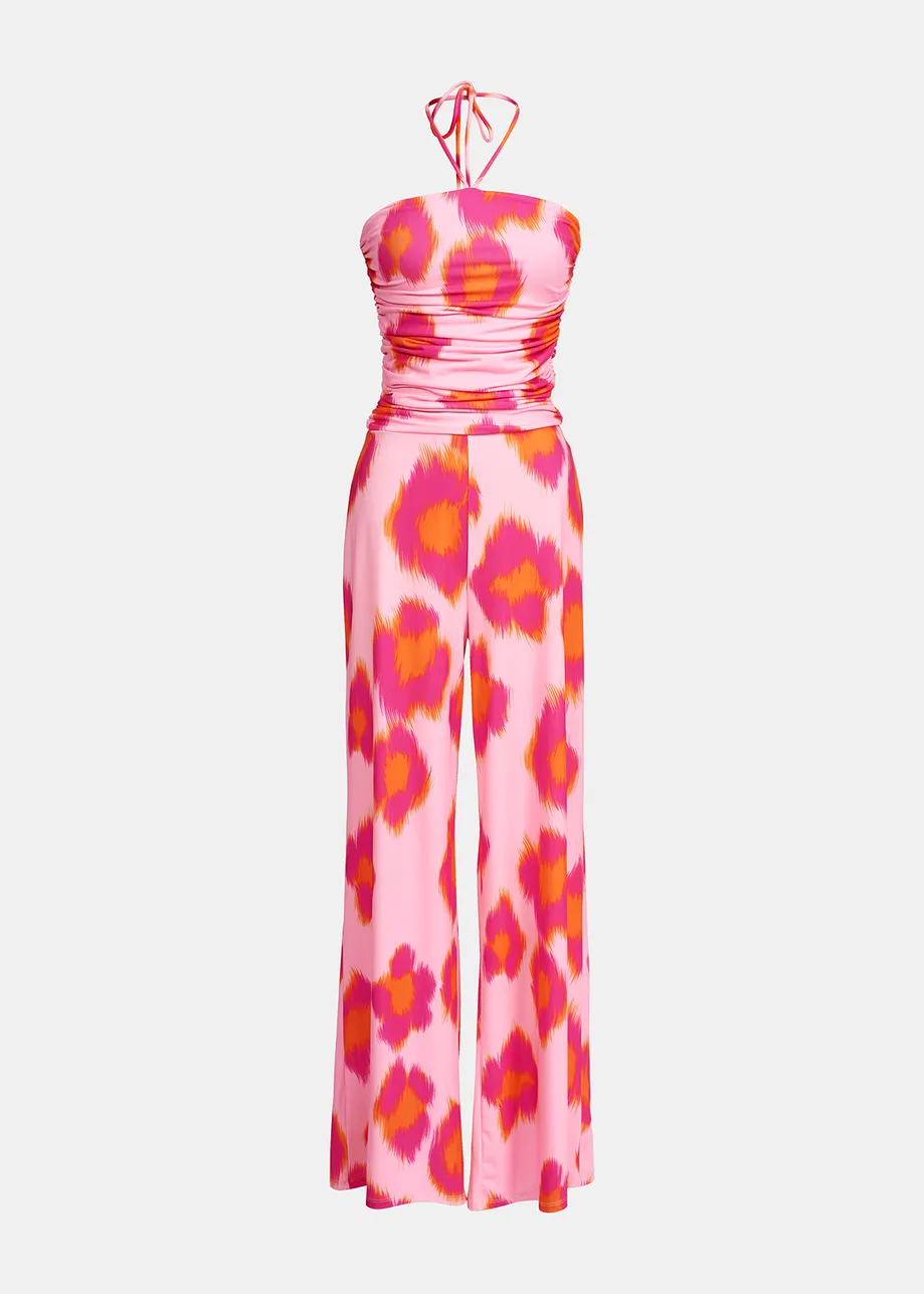 Lichtroze jersey jumpsuit met luipaardprint