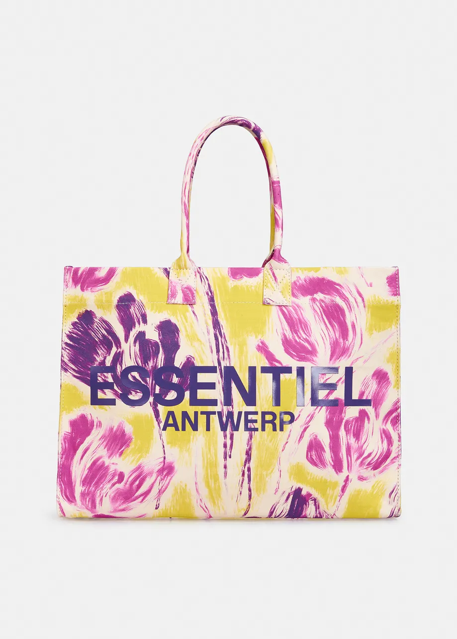 Katoenen draagtas met gele en paarse bloemenprint