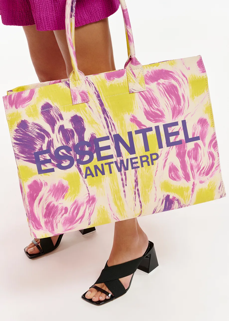 Katoenen draagtas met gele en paarse bloemenprint