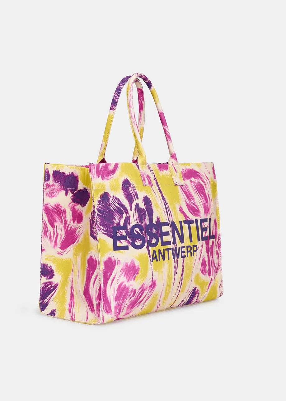 Katoenen draagtas met gele en paarse bloemenprint