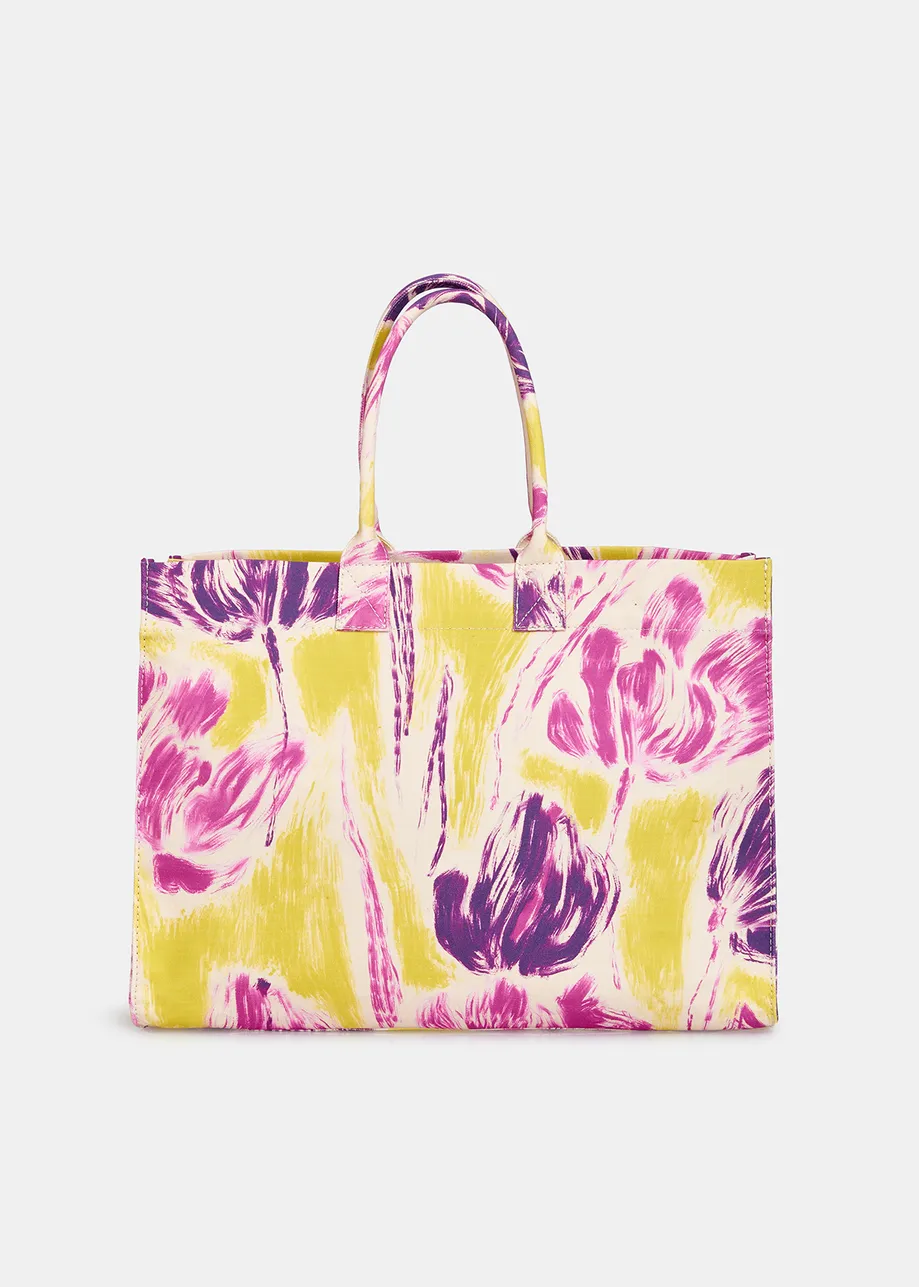 Katoenen draagtas met gele en paarse bloemenprint