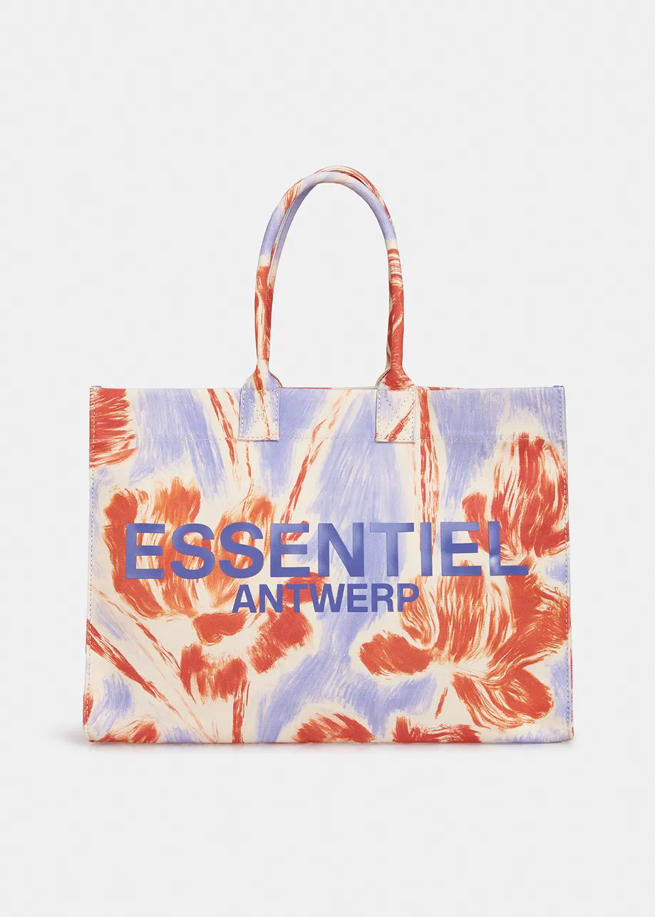 Katoenen draagtas met lichtblauwe en oranje bloemenprint