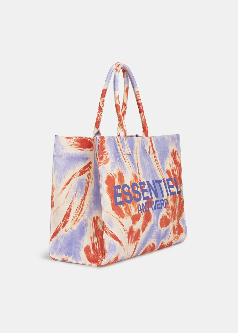 Katoenen draagtas met lichtblauwe en oranje bloemenprint