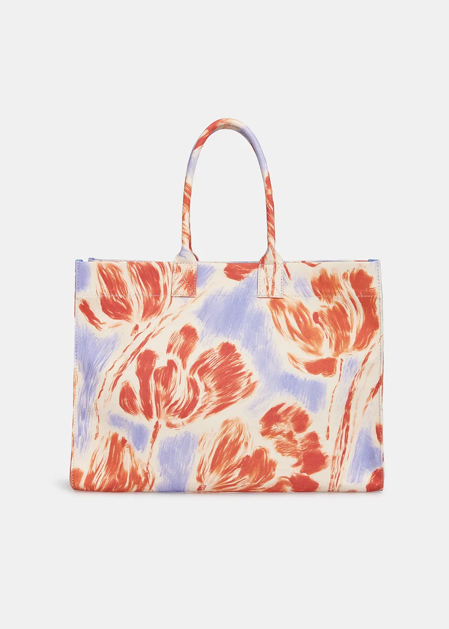 Katoenen draagtas met lichtblauwe en oranje bloemenprint