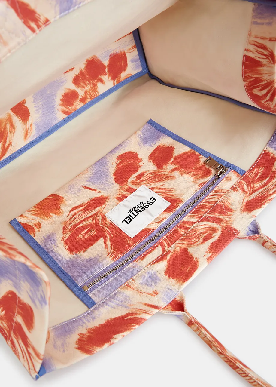 Katoenen draagtas met lichtblauwe en oranje bloemenprint