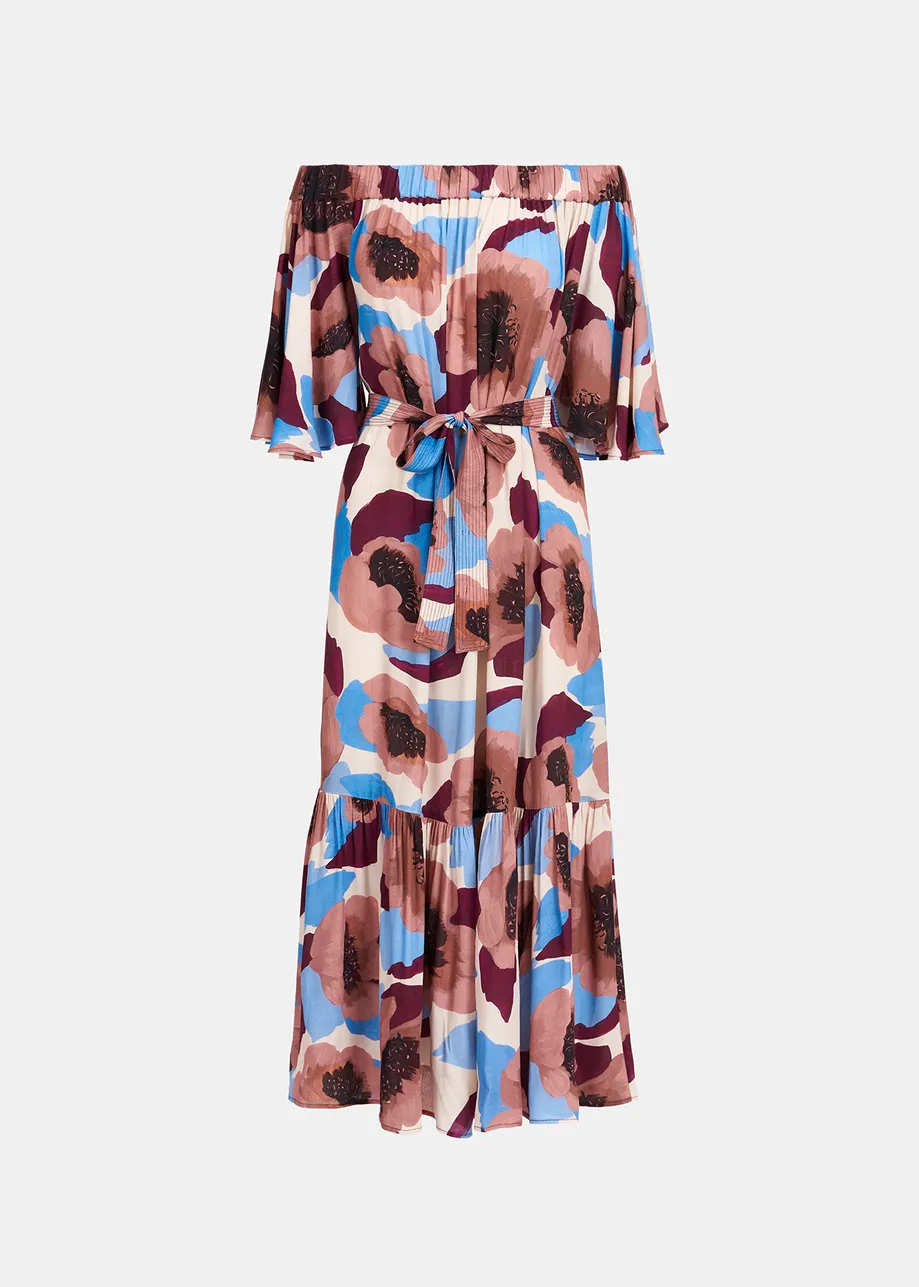 Jurk met blote schouders en mauve, bordeaux en blauwe bloemenprint