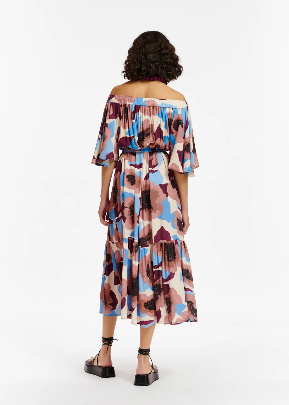 Mauve, burgundy and blue off-the-shoulder dress with floral print