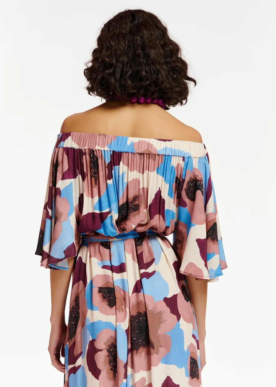 Mauve, burgundy and blue off-the-shoulder dress with floral print