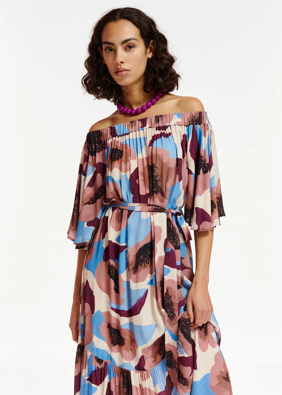 Mauve, burgundy and blue off-the-shoulder dress with floral print