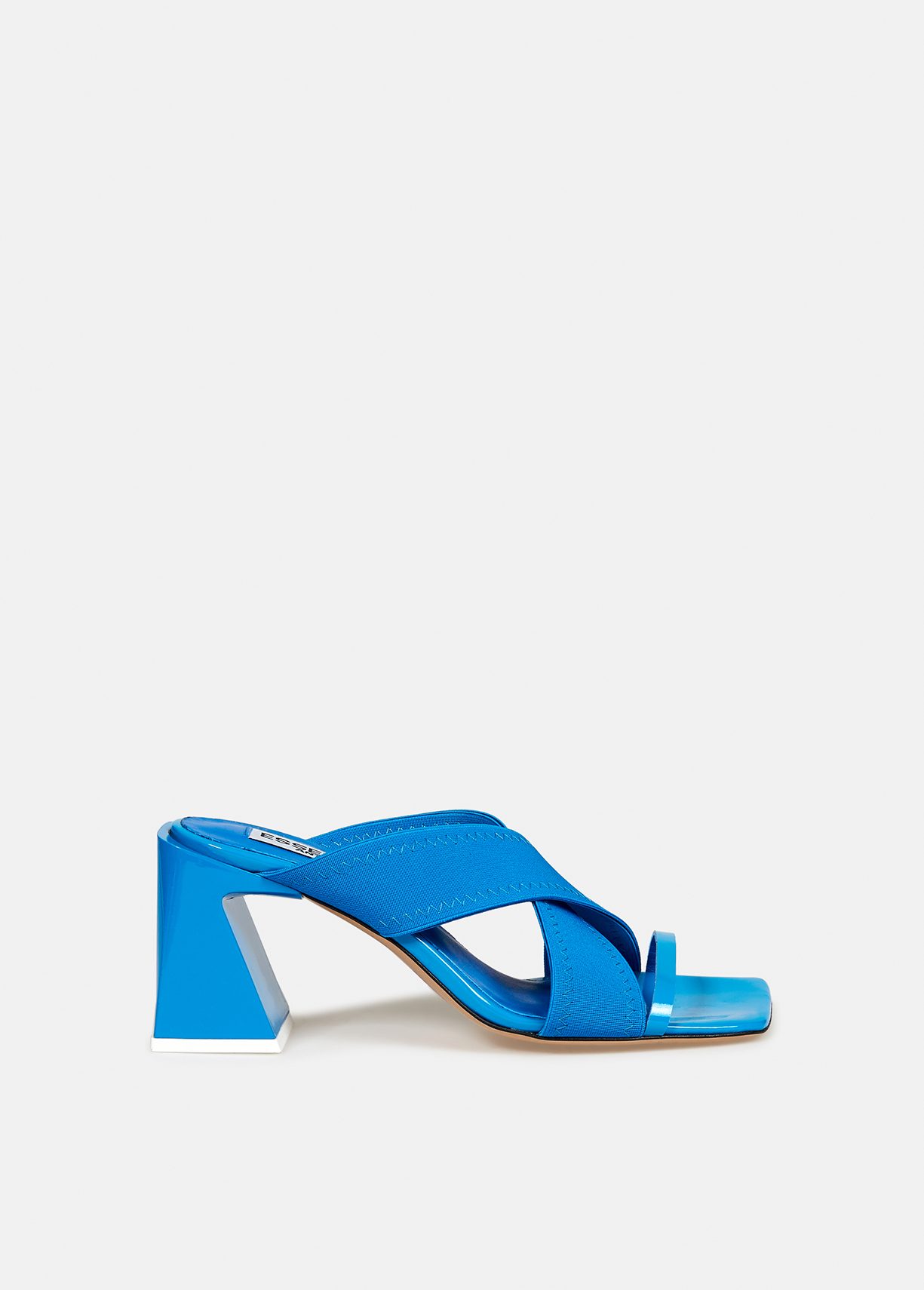 Blue crossover-strap mules