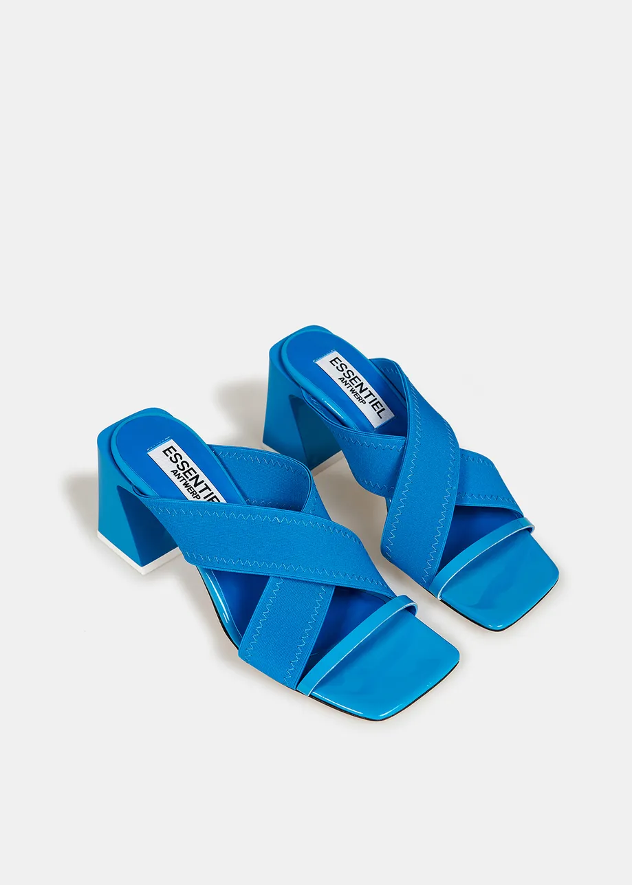 Blue crossover-strap mules