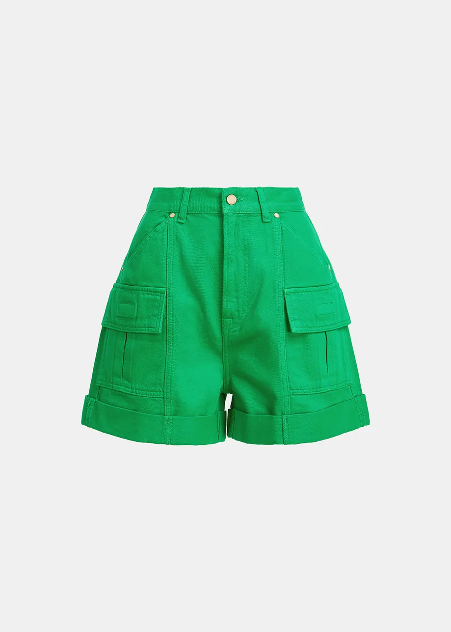 Green denim cargo shorts