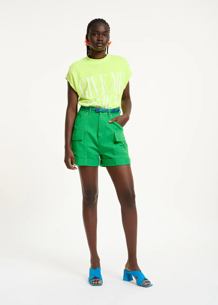 Green denim cargo shorts