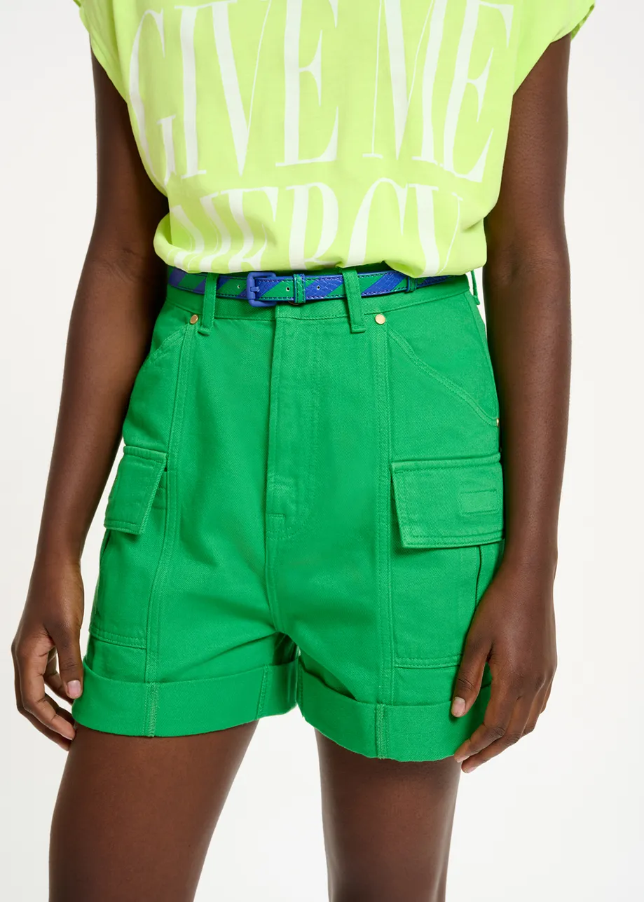 Green denim cargo shorts