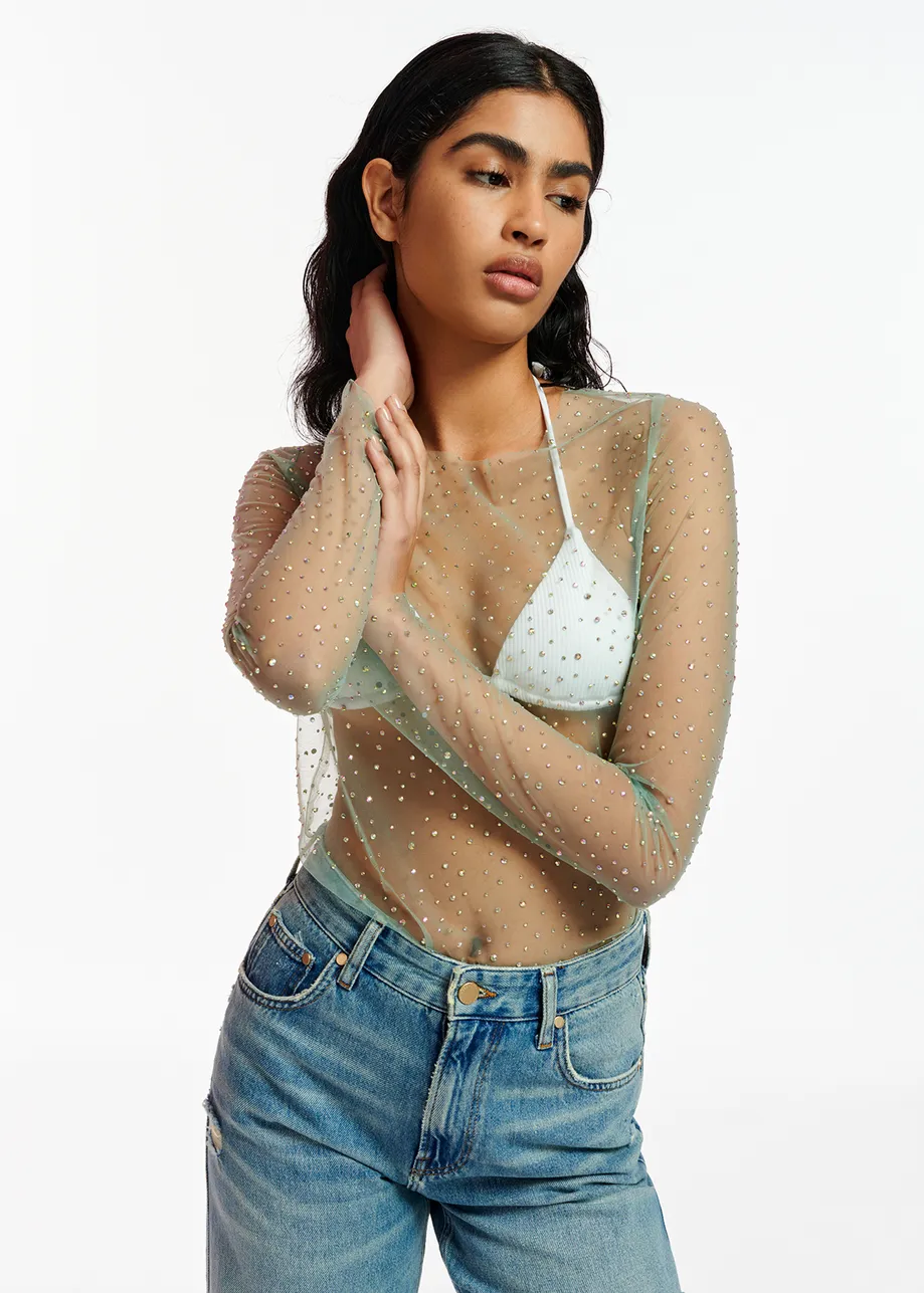Top en mesh vert menthe &agrave; strass - collaboration avec WECANDANCE
