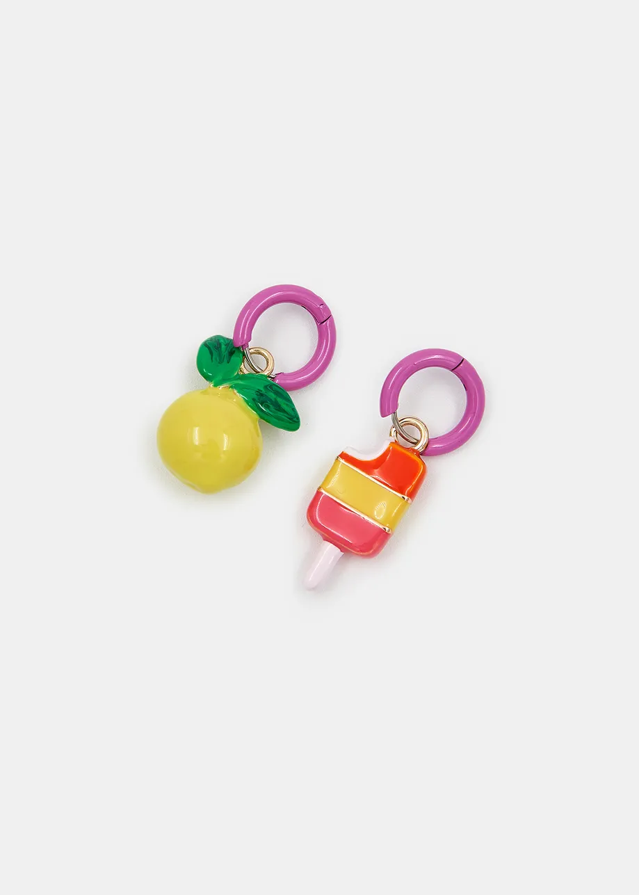 Purple hoop earrings with lemon and popsicle pendants
