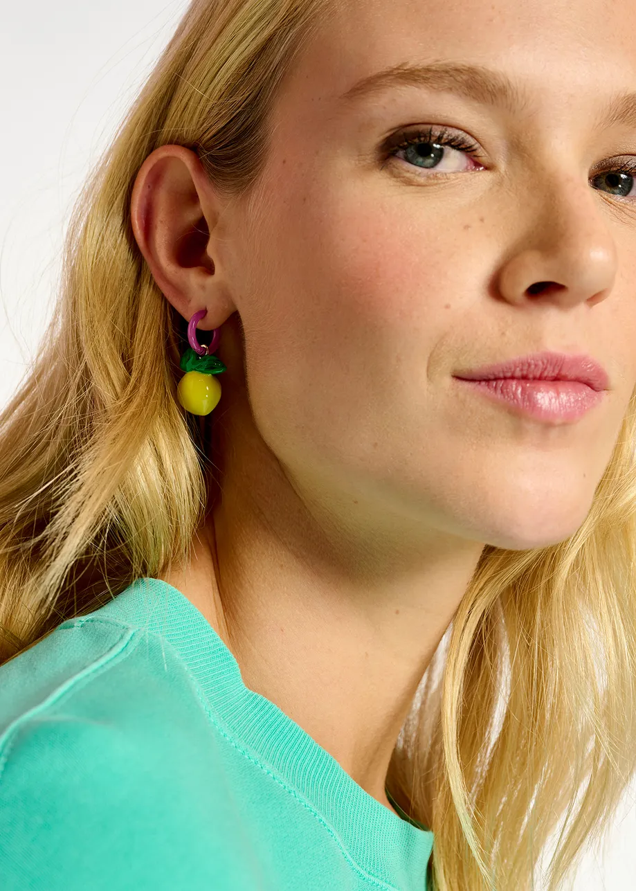 Purple hoop earrings with lemon and popsicle pendants