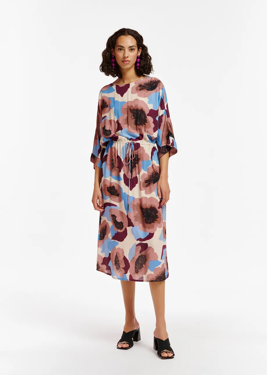 Midi-jurk met mauve, bordeaux en blauwe bloemenprint