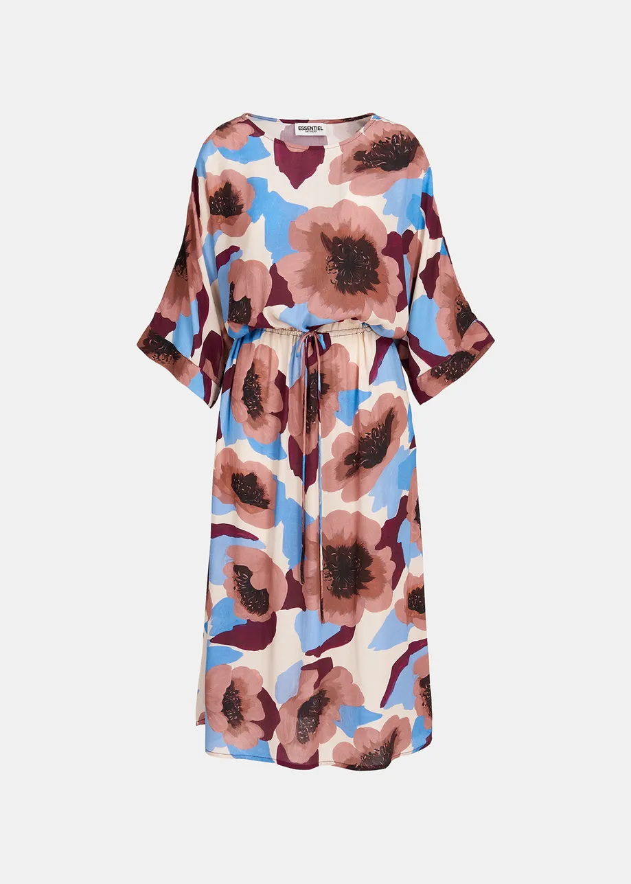 Midi-jurk met mauve, bordeaux en blauwe bloemenprint
