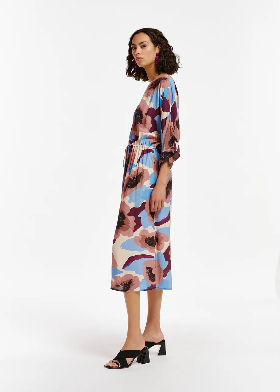Midikleid in Malve, Weinrot und Blau mit Blumenprint