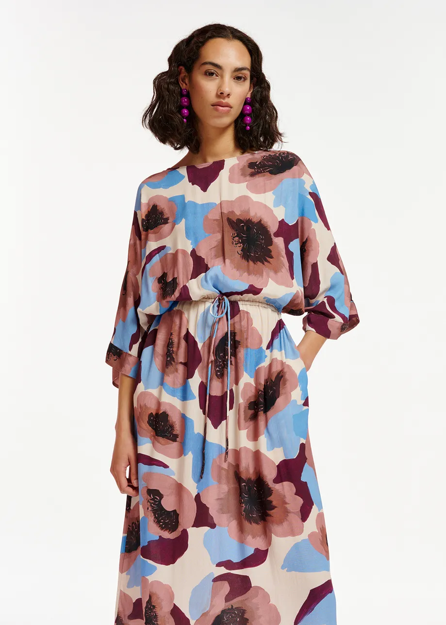 Midikleid in Malve, Weinrot und Blau mit Blumenprint