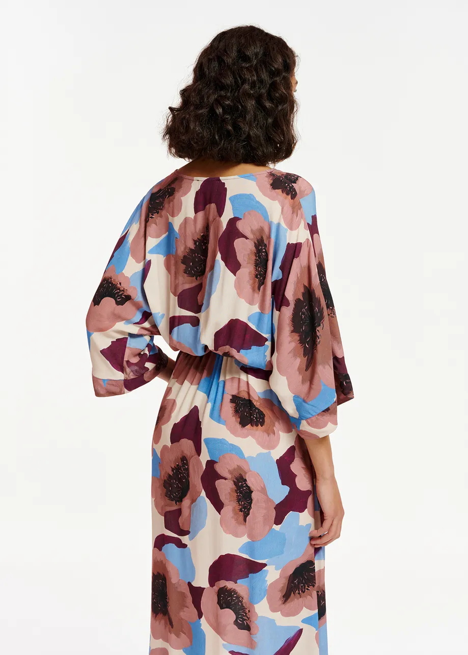 Midikleid in Malve, Weinrot und Blau mit Blumenprint
