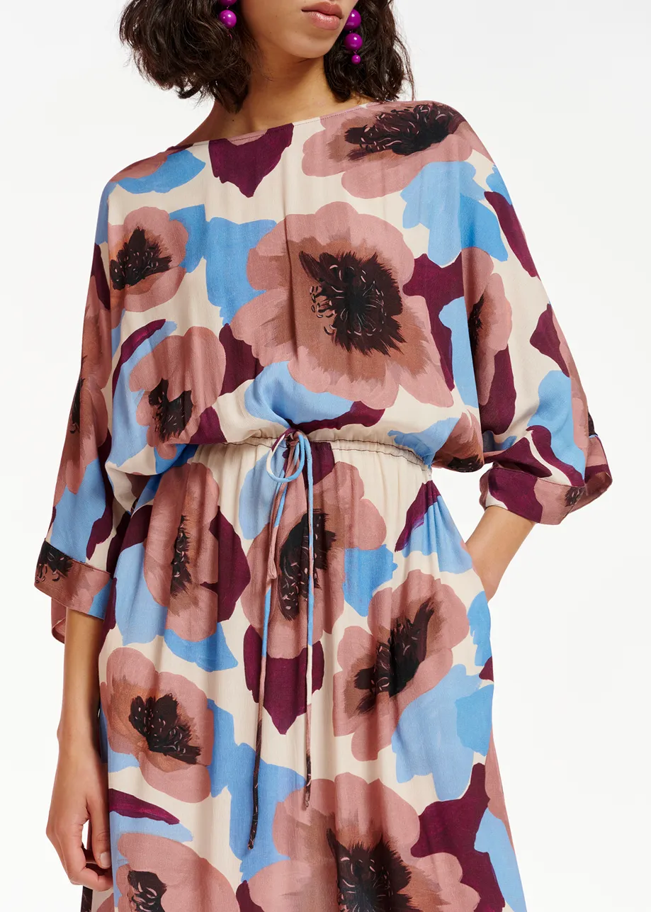 Midikleid in Malve, Weinrot und Blau mit Blumenprint
