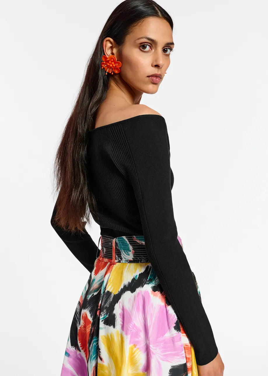 Black slim-fit off-the-shoulder knit sweater