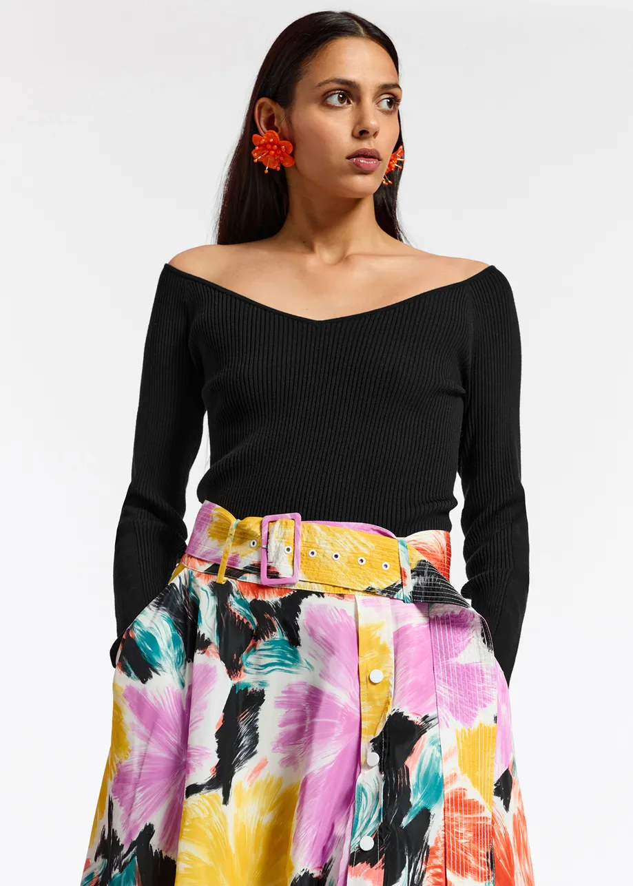 Black slim-fit off-the-shoulder knit sweater