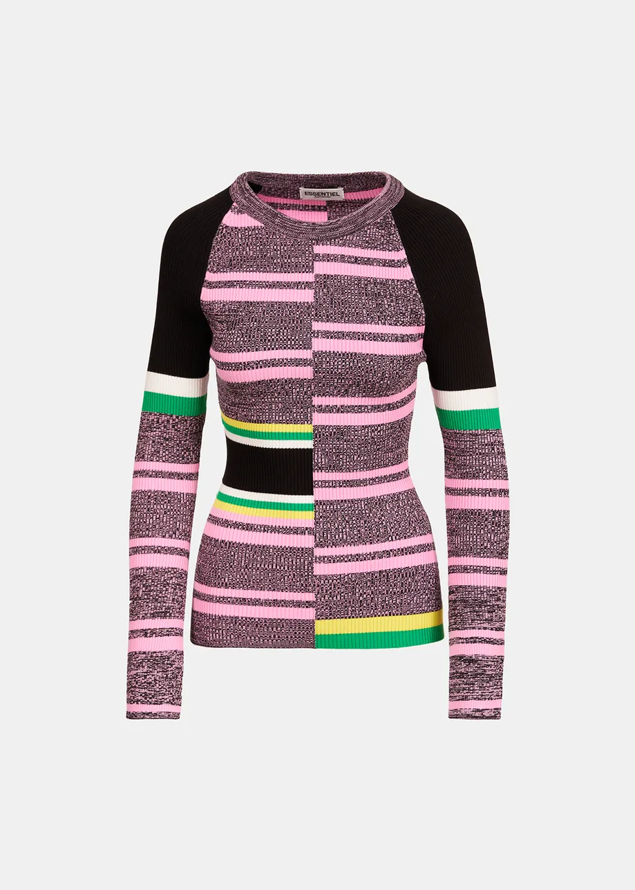 Black, pink and green striped ribbed-knit sweater