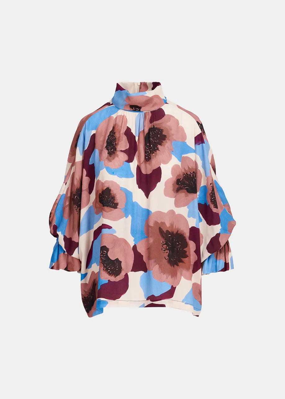 Mauve, burgundy and blue floral print top with stand-up collar