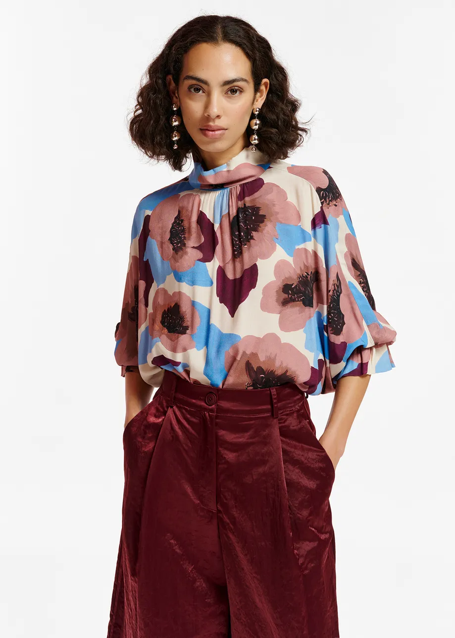 Mauve, burgundy and blue floral print top with stand-up collar