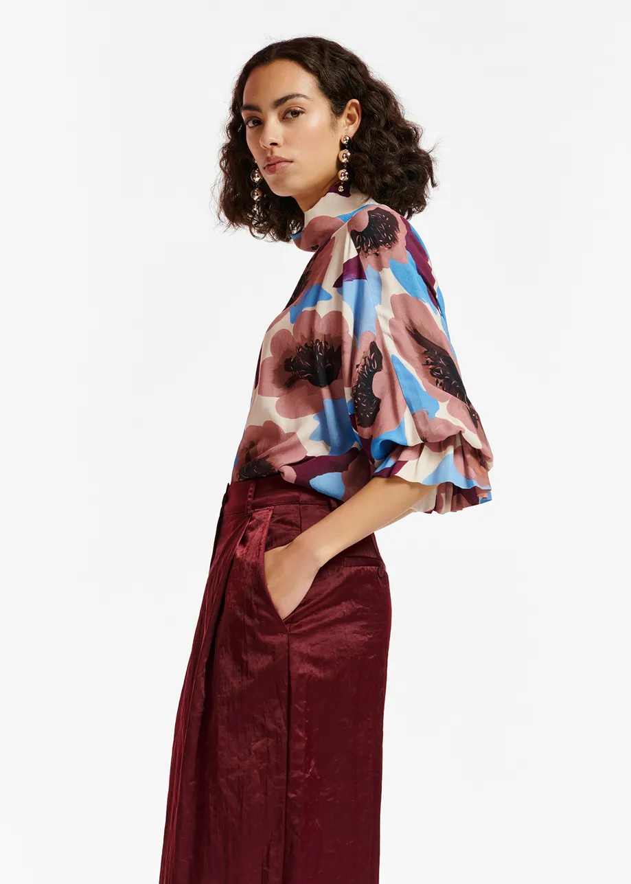 Mauve, burgundy and blue floral print top with stand-up collar