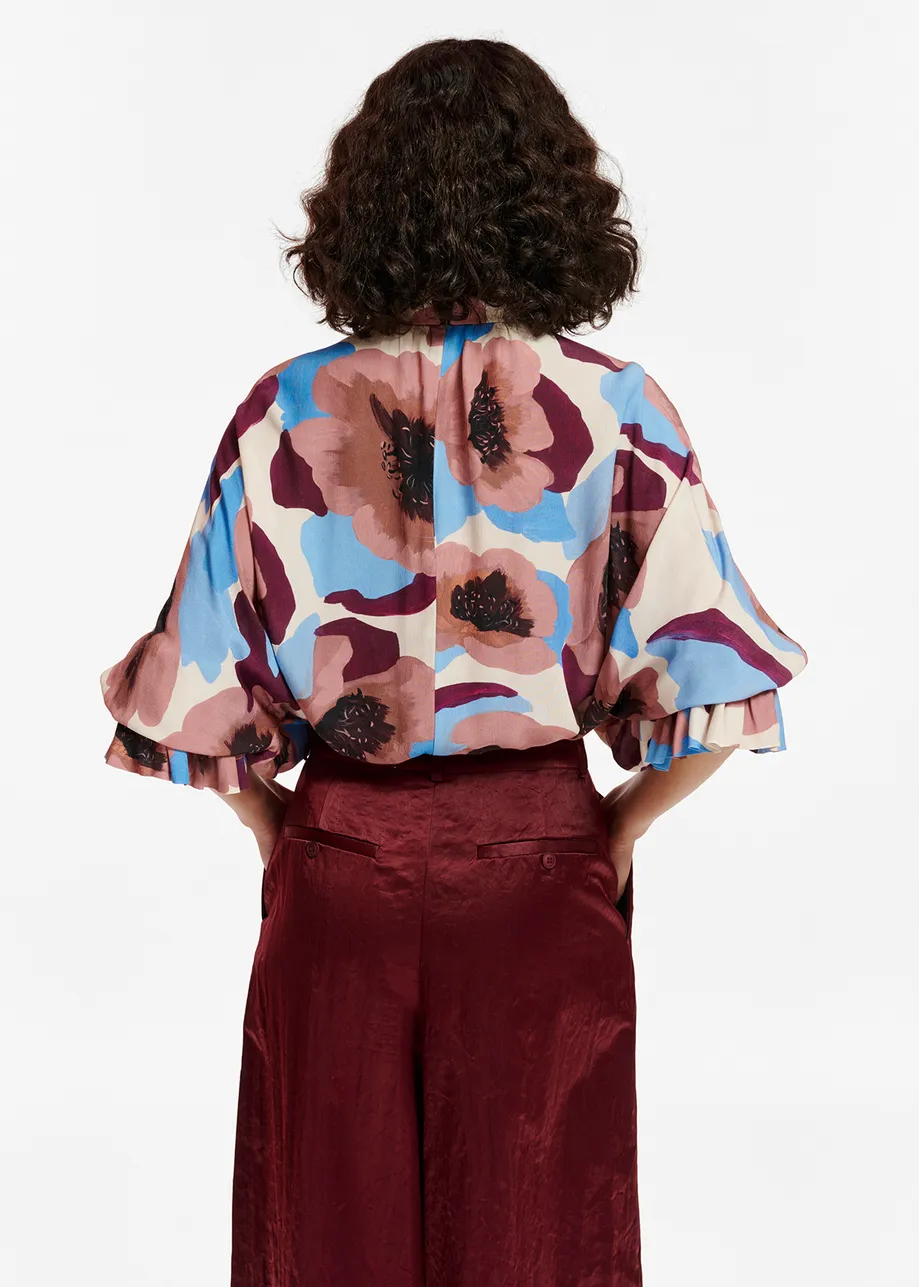 Mauve, burgundy and blue floral print top with stand-up collar